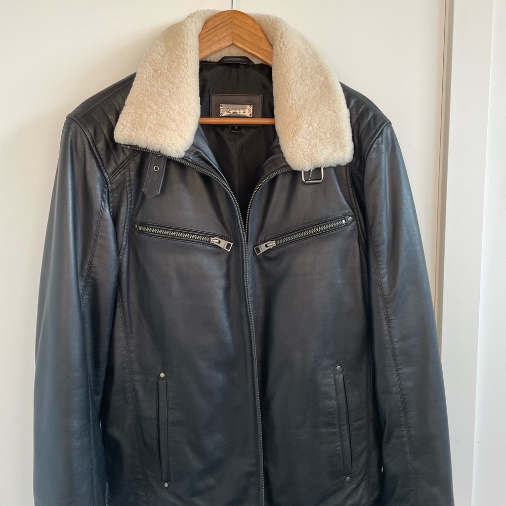 Danier Black Leather Jacket with Cream Collar